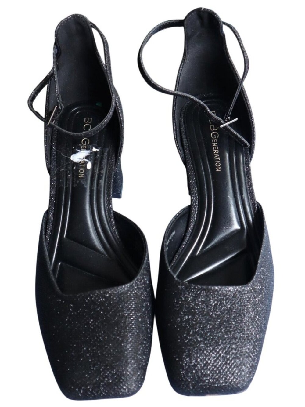 BCBGeneration Black Shimmer Ankle Strap Block Heels – Size 10 (BNWT)